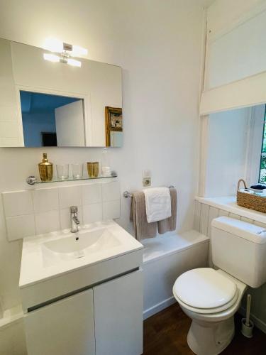 a white bathroom with a toilet and a sink at Le Manoir des Doyens in Bayeux