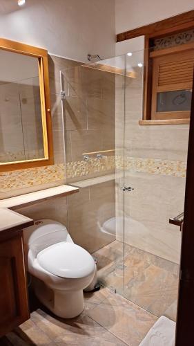 a bathroom with a toilet and a glass shower at Casa Campestre Flores Amarillas in Villa de Leyva