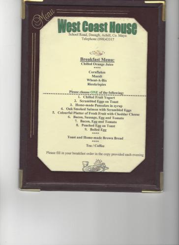 a framed menu for the west coast house at Achill West Coast House in Dooagh