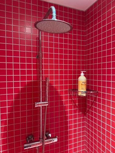 une salle de bain carrelée rouge avec une douche avec lumière dans l'établissement ღ Villa des Astres 850 m2 - Piscine, Jacuzzi, Sauna, Hammam, & Salle de Cinéma, à La Noue