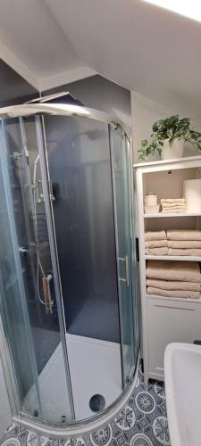 a shower with a glass door in a bathroom at Cliff Cottage in Valtos