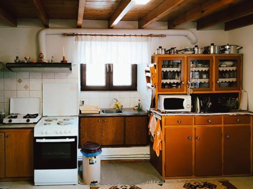 a kitchen with wooden cabinets and a stove top oven at Άγιος Μηνάς - Αστράκα View in Ágios Minás