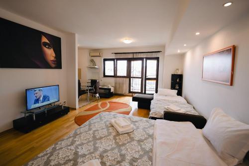 a living room with two beds and a flat screen tv at Privilegio apartment - Centru Civic - Afi Mall in Braşov