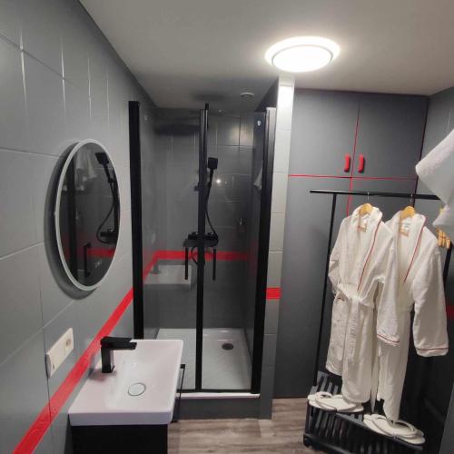 Saint-Pierre-de-PlesguenにあるL'évasion Plaisir Privé SPAのバスルーム(シャワー、シンク、鏡付)
