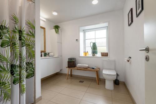 uma casa de banho com um WC, uma mesa e uma janela em Dalveich Cottage, hot tub, 2 bedroom, Lochearnhead em Lochearnhead