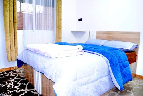 1 dormitorio con 2 camas con sábanas azules y blancas en Airport apartment 2, 