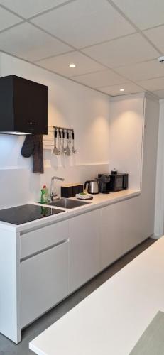 a white kitchen with a sink and a counter at Huis ALNA 5 in Mechelen