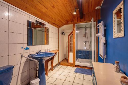 une salle de bain avec un lavabo et une douche dans l'établissement Maison à la campagne et à 15mn des principales villes de la côte, à Briscous