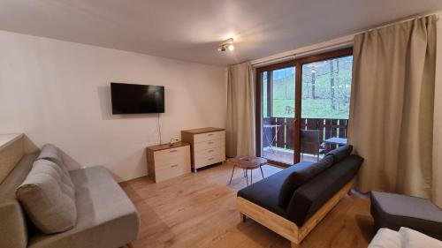 a living room with a couch and a tv at Fatrapark Apartments House 2 in Ružomberok