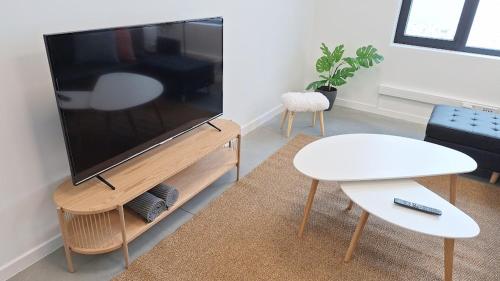 a living room with a large flat screen tv at Huis ALNA 5 in Mechelen