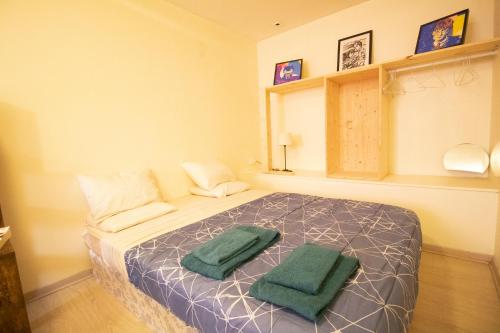 Paris Ain في Coligny: غرفة نوم عليها سرير وفوط خضراء