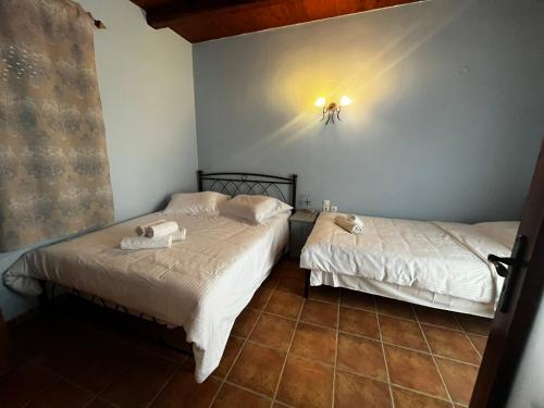 a bedroom with two beds and a light on the wall at Elouthia Residence with Sea View and Hot Tub in Tsoútsouros