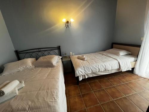 a bedroom with two beds and a light on the wall at Elouthia Residence with Sea View and Hot Tub in Tsoútsouros