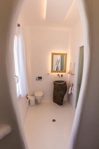 a white bathroom with a toilet and a mirror at SALT SUITES MILOS in Pollonia