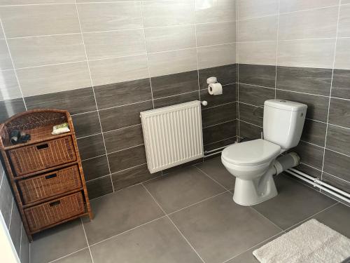 a bathroom with a toilet and a radiator at Apartmán Krkovička in Mikulášovice