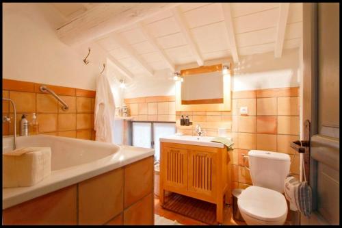 La salle de bains est pourvue d'une baignoire, de toilettes et d'un lavabo. dans l'établissement Maison De La Bourgade, à Uzès