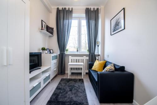 Una sala de estar con un sofá y un televisor. en Cozy Loft / Near Gates of Dawn / Free Netflix, en Vilna