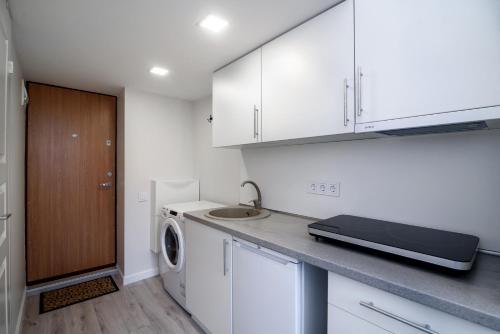 a kitchen with a sink and a washer and dryer at Cozy Loft / Near Gates of Dawn / Free Netflix in Vilnius