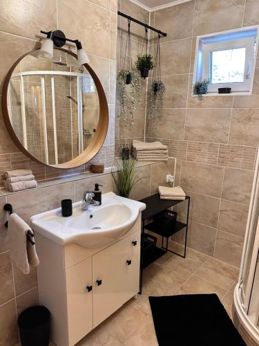 ein Bad mit einem Waschbecken und einem Spiegel in der Unterkunft Apartmány Hřensko in Hřensko