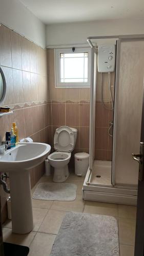 a bathroom with a toilet and a sink and a shower at Özel Mülk in Famagusta