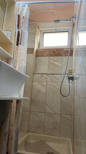 a bathroom with a shower with a window at Alkyonis Apartments in Panormos Kalymnos