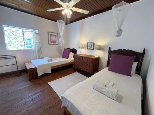 a bedroom with two beds and a ceiling fan at Cindy Se Huisie in Merweville in Merweville