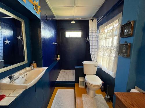 a blue bathroom with a toilet and a sink at Cindy Se Huisie in Merweville in Merweville