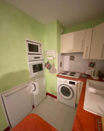 Il comprend une petite cuisine équipée d'un lave-linge et d'un four micro-ondes. dans l'établissement P2 La Grande Motte, à La Grande Motte