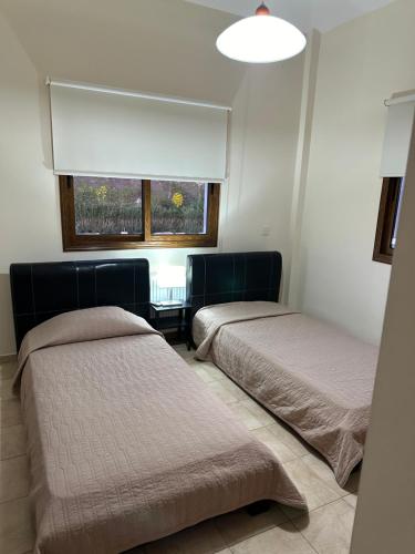two beds in a room with a window at Golden Valley Villa in Skoulli