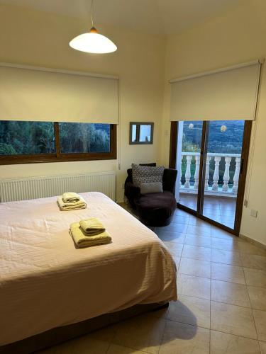 a bedroom with a bed and a chair and a window at Golden Valley Villa in Skoulli