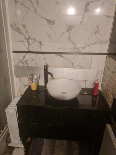 La salle de bains est pourvue d'un lavabo blanc sur un comptoir noir. dans l'établissement au porte des j.o, à Paris