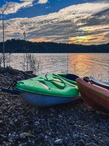 a green boat sitting on the shore of a lake at Treehouse Chalets - Luxury getaway within a short distance of Ella in Belihul Oya