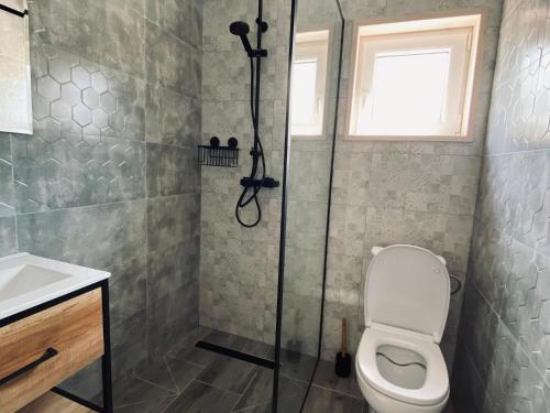 a bathroom with a shower with a toilet and a sink at Single-story holiday cottages, Jaros awiec in Jarosławiec