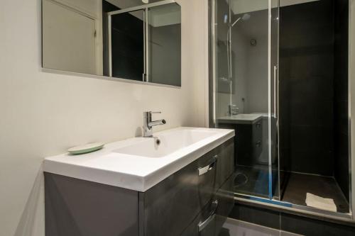 une salle de bain avec un lavabo blanc et une douche dans l'établissement Rouen, appartement sous les toits, gare + parking, à Rouen