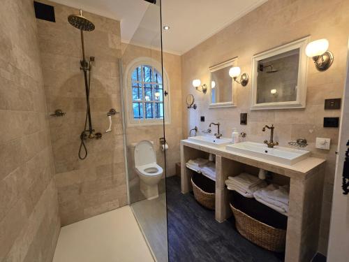 a bathroom with a shower and a sink and a toilet at Villa Vuyani Antibes in Antibes