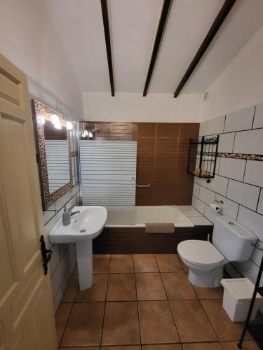 a bathroom with a toilet and a tub and a sink at B&B la Madrugada in Cómpeta