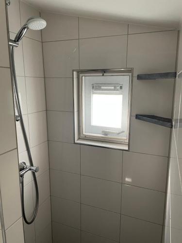 a bathroom with a shower with a window at Luxe chalet Friesland i14 - 5 pers in Westergeest