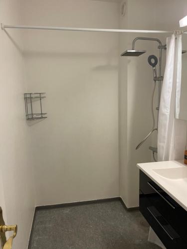 a white bathroom with a shower and a sink at VS-Guesthouse in Copenhagen