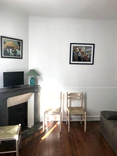 ein Wohnzimmer mit Couch und Kamin in der Unterkunft Appartement confortable à Saint-Jean-de-Luz 45 m² avec cheminée in Saint-Jean-de-Luz