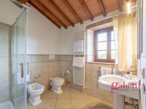 ein Bad mit einem WC, einem Waschbecken und einer Dusche in der Unterkunft Il Ciliegio - I Borghi Della Selvaccia in Cennina