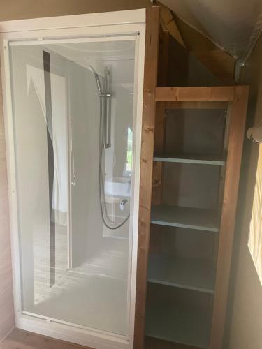 a shower in a bathroom with a glass door at lodge lavallee in Belvédère