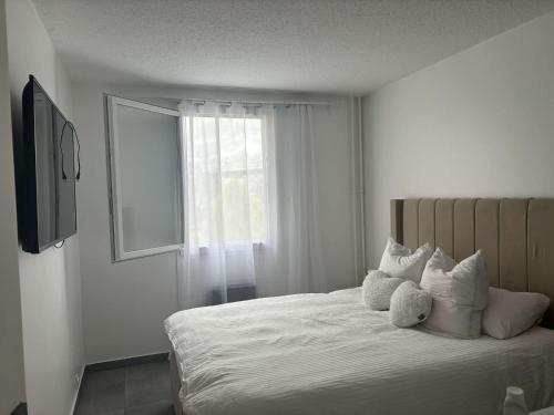 une chambre avec un lit avec des oreillers blancs et une fenêtre dans l'établissement Appartement face stade de france, à Saint-Denis