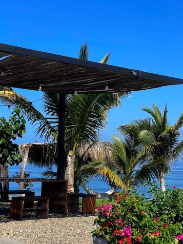 a wooden picnic shelter with palm trees and the ocean at casaNorte paraíso norteño mirador de Ballenas in Canoas De Punta Sal