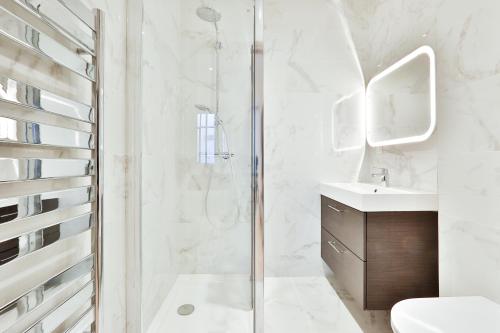 uma casa de banho com um chuveiro e um lavatório. em Blue Nights Apartments - Sébastopol em Paris
