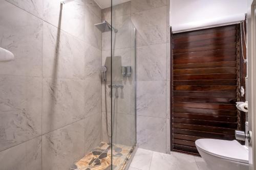 a bathroom with a shower and a toilet at Villa Turrasann in Runaway Bay