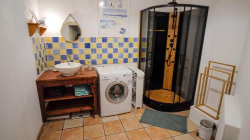 une salle de bain avec une machine à laver et un lavabo dans l'établissement Gîte l échappée bleue Dromoise - la chambre, à Aouste-sur-Sye