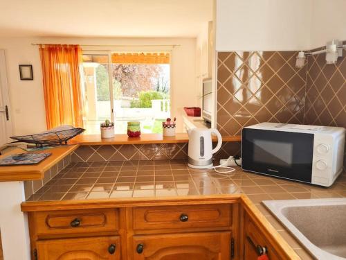 uma cozinha com um balcão e um micro-ondas em Bas de villa avec Piscine et Terrasse au calme em Contes