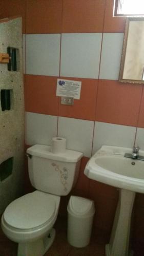 a bathroom with a toilet and a sink at Boutique Hotel Casa Orquídeas in San José