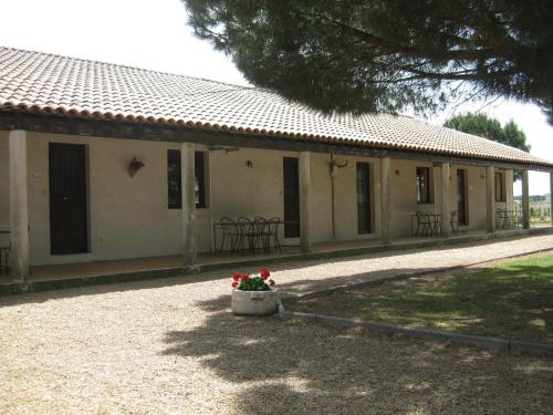 un bâtiment avec un pot de fleurs devant lui dans l'établissement Gîte Mas des cabanes en petite camargue, à Aimargues