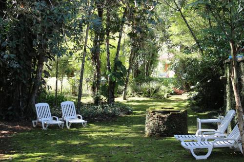 three white chairs sitting in the grass under trees at Casa do Fachoalto in Petrópolis